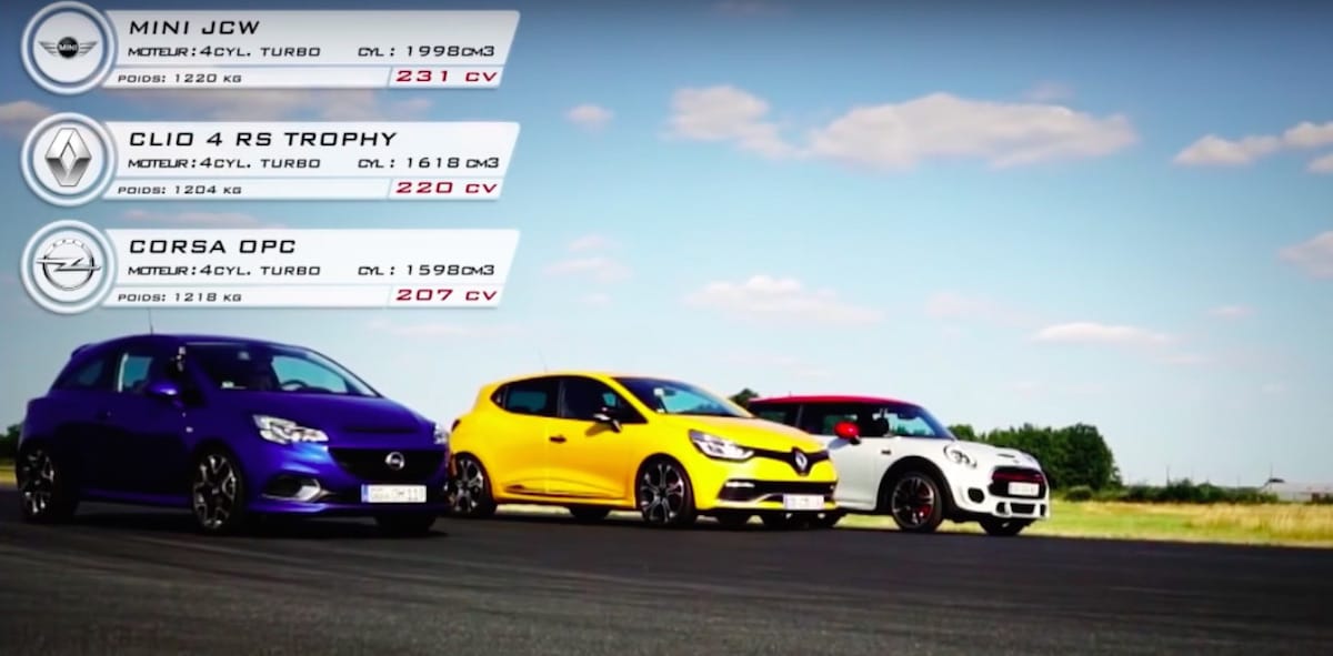 Drag race mellem Renault Clio R.S., Opel Corsa OPC og Mini JCW