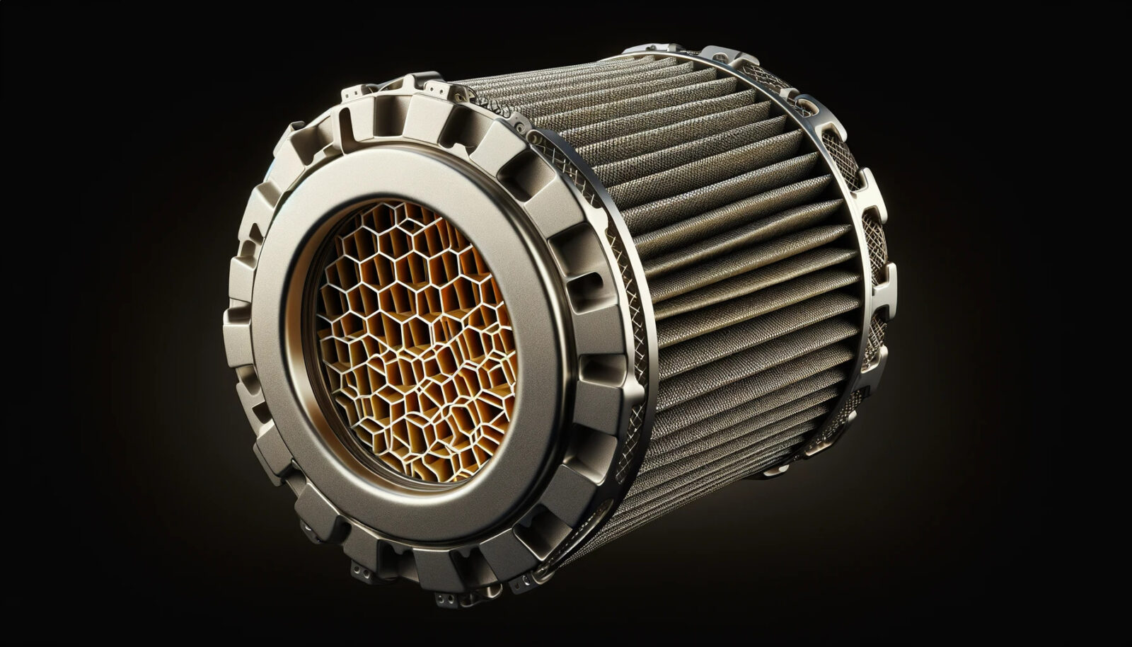 Cylindrisk luftfilter med sølvfarvet metalramme, honningkagelignende guldmessing filtermedium og vertikale ribber på siden.